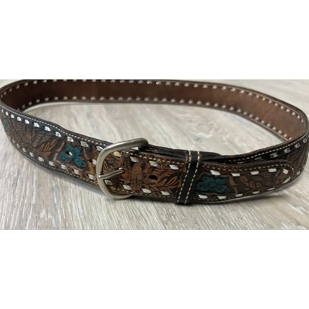 Vintage Dun Dee Size 42 Tooled Leather Eagle Western Cowboy Belt Silver Lacing